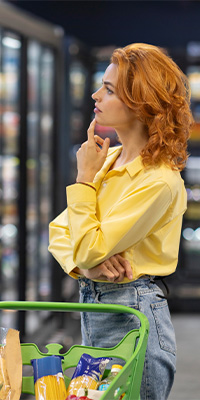 Mentality Shopperprofielen – Behoudende shoppers, vrouw met rood haar in gele blouse die bij een winkelwagen nadenkend kijkt.